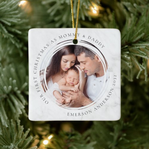 First Christmas as Mommy and Daddy Marble Photo  Ceramic Ornament