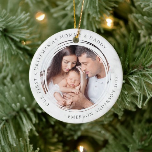 First Christmas as Mommy and Daddy Marble Photo Ceramic Ornament