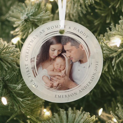 First Christmas as Mommy and Daddy Marble Photo  Glass Ornament