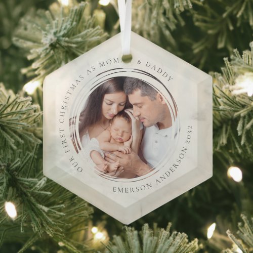 First Christmas as Mommy and Daddy Marble Photo Glass Ornament
