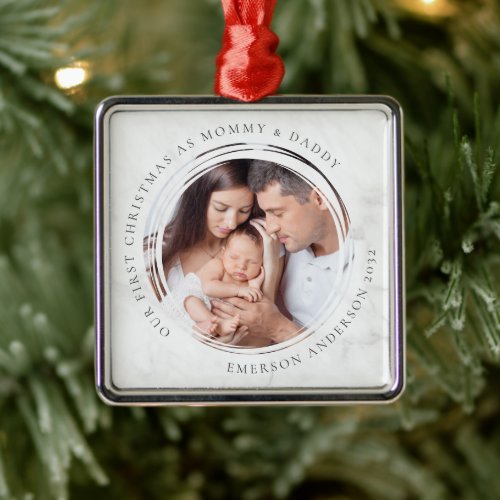 First Christmas as Mommy and Daddy Marble Photo Metal Ornament