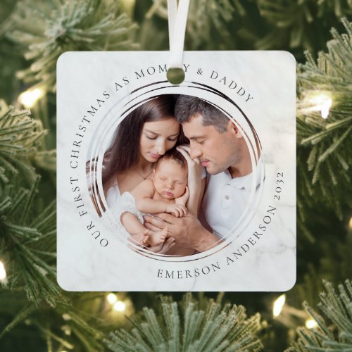 First Christmas as Mommy and Daddy Marble Photo  Metal Ornament