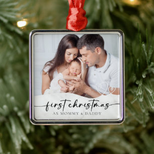 First Christmas as Mommy and Daddy Marble Photo  Metal Ornament