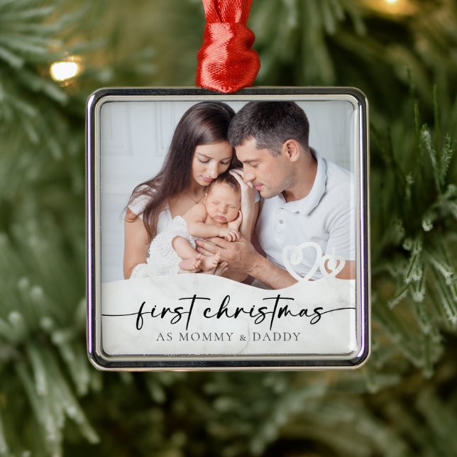 First Christmas as Mommy and Daddy Marble Photo  Metal Ornament (Tree)