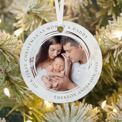 First Christmas as Mommy and Daddy Marble Photo  Metal Ornament
