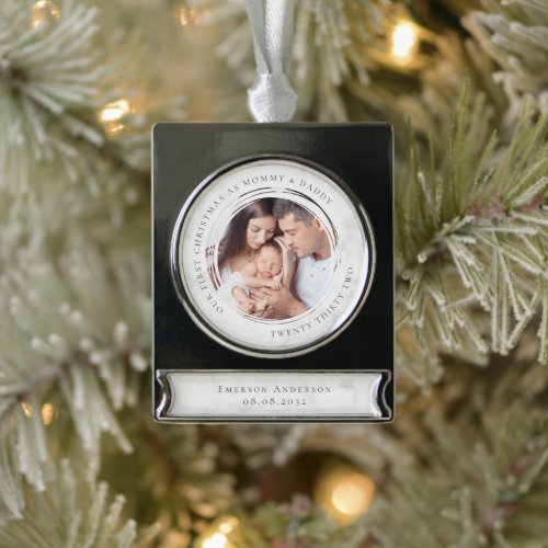 First Christmas as Mommy and Daddy Marble Photo Silver Plated Banner Ornament