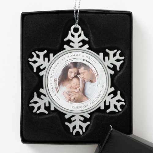 First Christmas as Mommy and Daddy Marble Photo  Snowflake Pewter Christmas Ornament