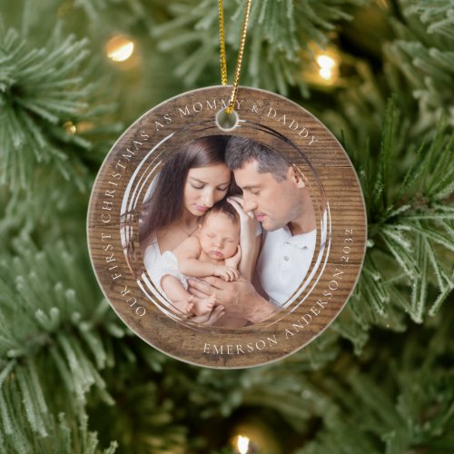 First Christmas as Mommy and Daddy Wood Photo  Ceramic Ornament
