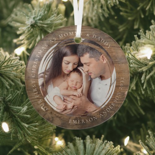 First Christmas as Mommy and Daddy Wood Photo  Glass Ornament
