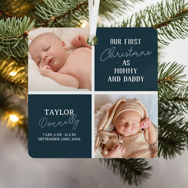 First Christmas as Mommy Daddy Blue Photo Metal Ornament (Creator Uploaded)
