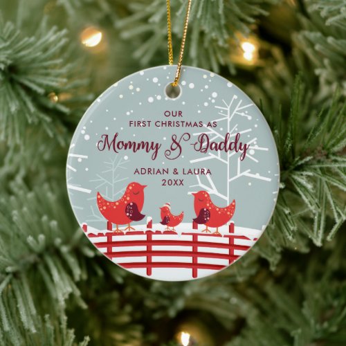 First Christmas As Mommy Daddy Personalized Birds Ceramic Ornament