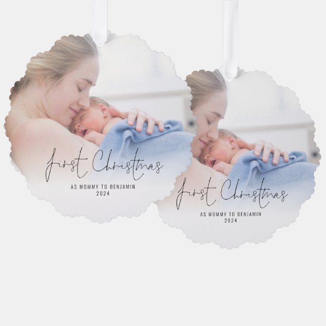 First Christmas as Mommy Name Year Photo Ornament Card (Front/Back)