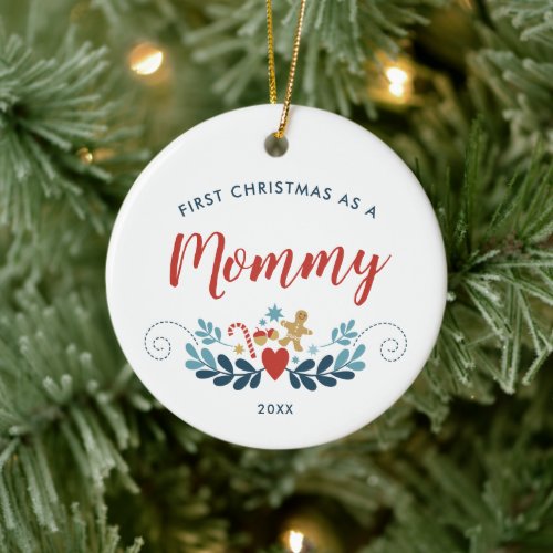 First Christmas As Mommy Personalized Scandi Folk Ceramic Ornament