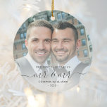 First Christmas as Mr and Mr LGBTQ Keepsake Ceramic Ornament<br><div class="desc">Commemorate the first Christmas of your marriage with this beautiful modern keepsake ornament. The charcoal gray text reads "Our first Christmas as Mr & Mr, " with the words "Mr & Mr" in elegant handwriting script with flourishes before and after. Replace the sample image with your favorite photo, and add...</div>