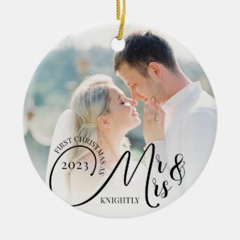 First Christmas as Mr and Mrs 2 Photo Black White Ceramic Ornament | Zazzle