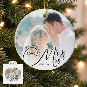 First Christmas as Mr and Mrs 2 Photo Black White Ceramic Ornament