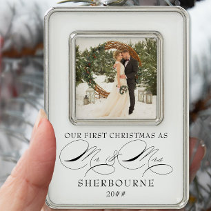 First Christmas as Mr and Mrs Calligraphy Photo Ornament