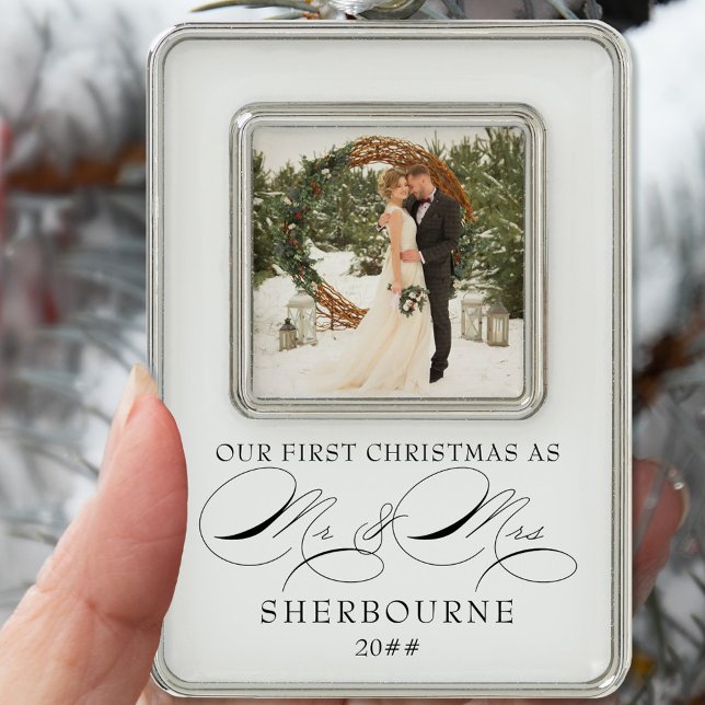 First Christmas as Mr and Mrs Calligraphy Photo Ornament (Creator Uploaded)
