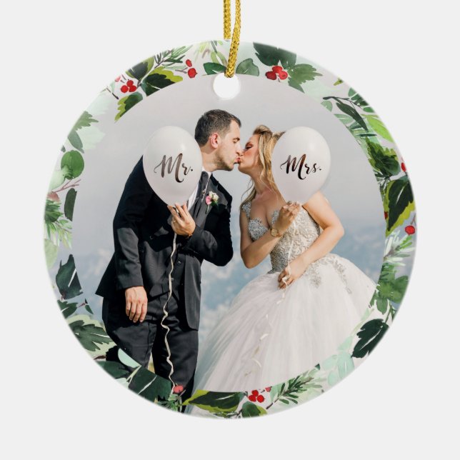 First Christmas as Mr and Mrs Custom Photo Ceramic Ornament (Front)