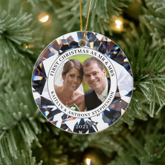 FIRST CHRISTMAS AS MR AND MRS Diamond 2 Photo Cera Ceramic Ornament (Tree)