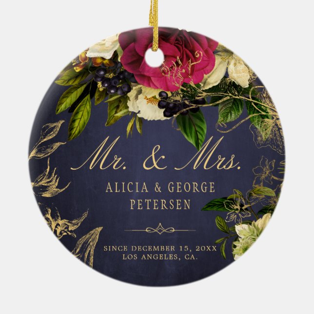 First Christmas as Mr and Mrs elegant newlyweds Ceramic Ornament (Back)