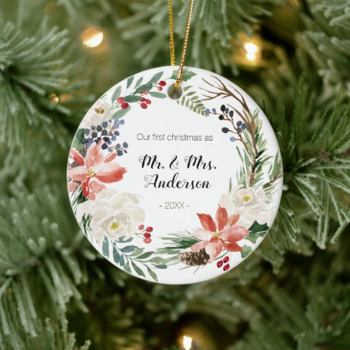 First Christmas as Mr and Mrs Floral Ceramic Ornament