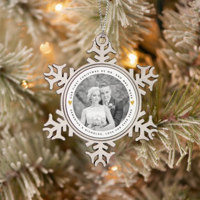 First Christmas as Mr and Mrs gold hearts photo Snowflake Pewter Christmas Ornament (Tree)