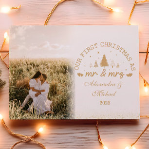 First Christmas as Mr and Mrs gold photo Holiday Card