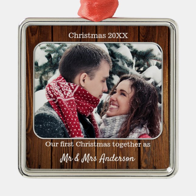First Christmas as Mr and Mrs Holiday Photo Metal Ornament (Front)