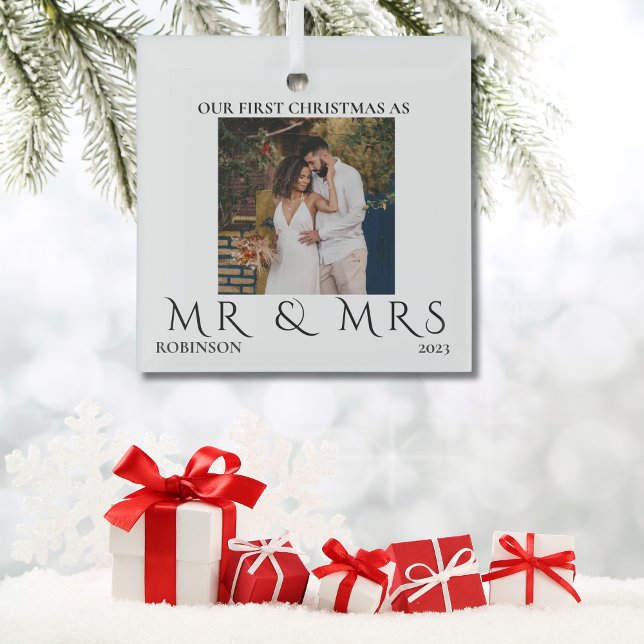 First Christmas As Mr and Mrs Modern Couple Photo  Glass Ornament (Creator Uploaded)