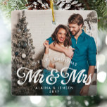 First Christmas as Mr and Mrs one photo Ceramic Ornament<br><div class="desc">Celebrate and remember your first Christmas as Mr. and Mrs. with this one photo holiday ornament. This retro style newlywed holiday design is perfect for a wedding photo, first tree together and other memorable moments or photos. Your first married Christmas is one you can remember year after year with this...</div>