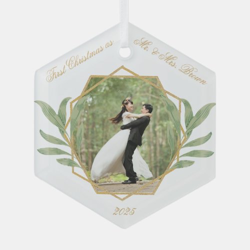 First Christmas as Mr and Mrs Photo Gold Greenery Glass Ornament