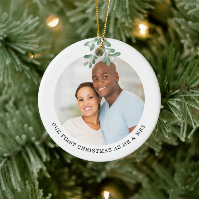 First Christmas As Mr and Mrs Photo Mistletoe Ceramic Ornament (Tree)