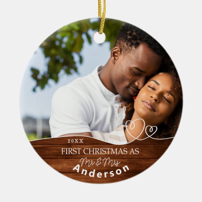  First Christmas As Mr and Mrs Photo Name Date Ceramic Ornament (Front)