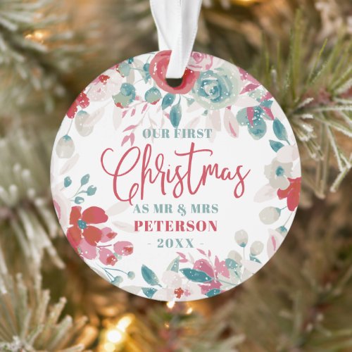 First Christmas as Mr and Mrs photo red floral  Ornament