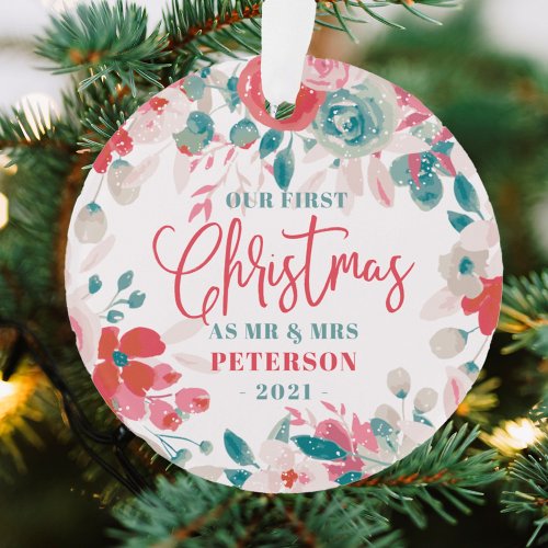 First Christmas as Mr and Mrs photo red floral Ornament