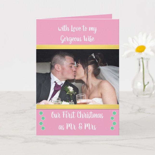 First Christmas as Mr and Mrs pink and green photo Card (Small Plant)