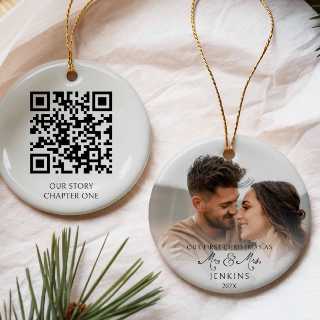 First Christmas as Mr and Mrs QR Code Photo Ceramic Ornament (Our First Christmas MR and Mrs QR Code Photo Ornament)