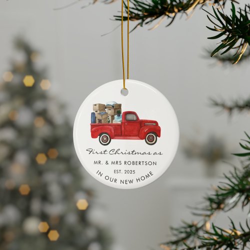 First Christmas As Mr and Mrs Red Truck New Home Ceramic Ornament
