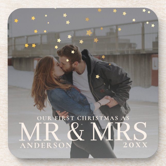 First Christmas as Mr and Mrs Romantic Couple Phot Beverage Coaster (Front)