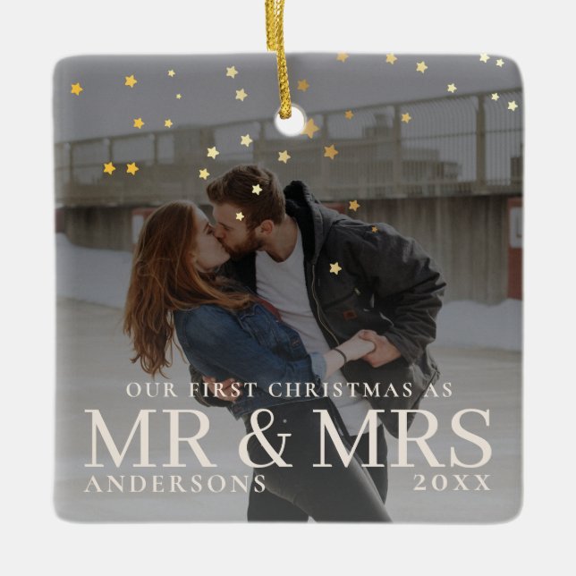 First Christmas as Mr and Mrs Romantic Couple Phot Ceramic Ornament (Front)
