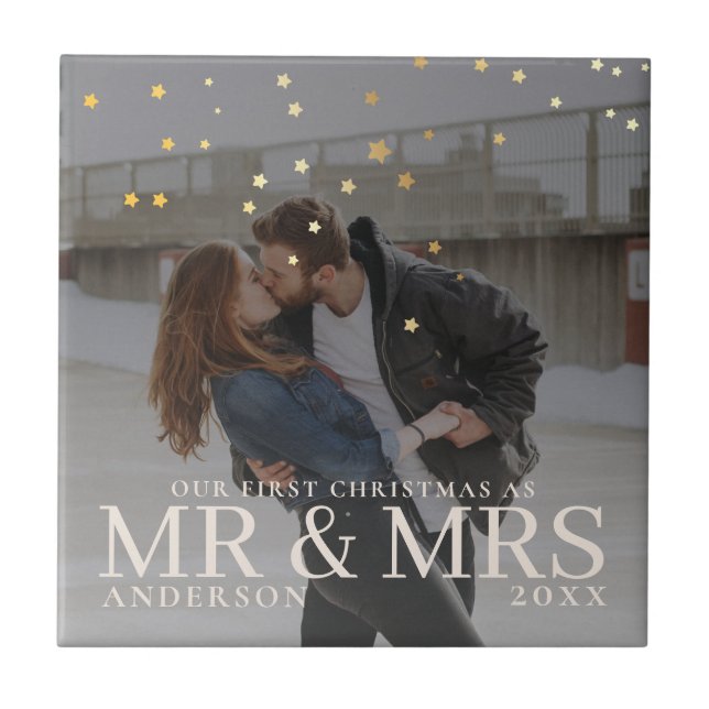 First Christmas as Mr and Mrs Romantic Couple Phot Ceramic Tile (Front)