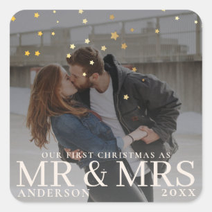 First Christmas as Mr and Mrs Romantic Couple Phot Square Sticker