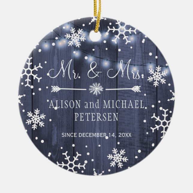 First Christmas as Mr and Mrs rustic winter Ceramic Ornament (Front)