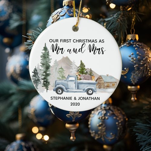 First Christmas as mr and Mrs Truck Rustic Ceramic Ornament