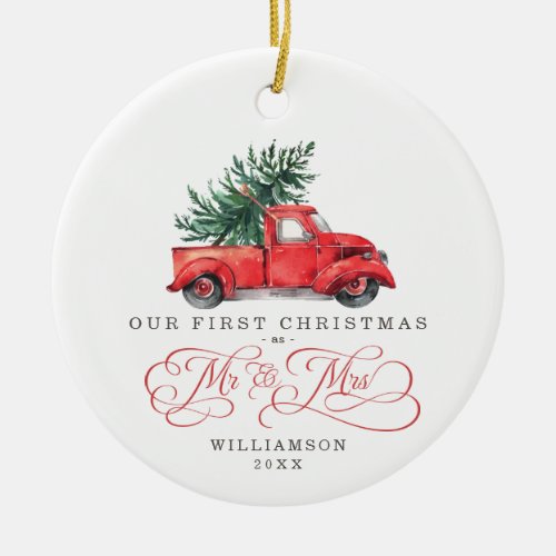 First Christmas as Mr and Mrs  Vintage Red Truck Ceramic Ornament