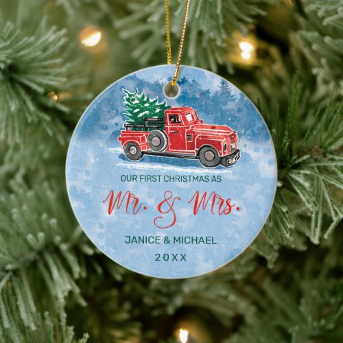First Christmas As Mr and Mrs Vintage Red Truck Ceramic Ornament