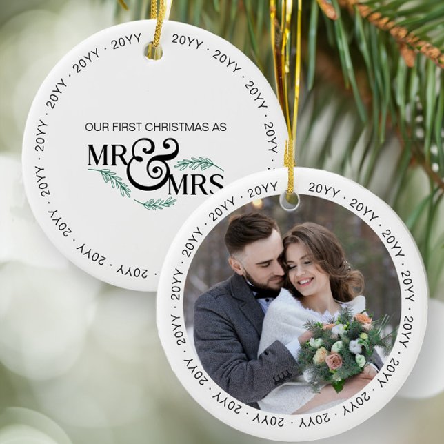 First Christmas as Mr and Mrs Wedding Photo  Ceramic Ornament (Mr & Mrs first christmas ornament from the Newlywed Christmas Gift Ideas collection by Darling & May)