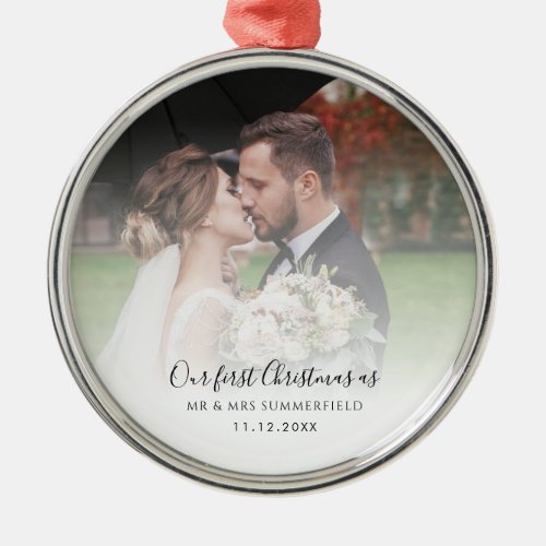 First Christmas As Mr and Mrs Wedding Photo Metal Ornament