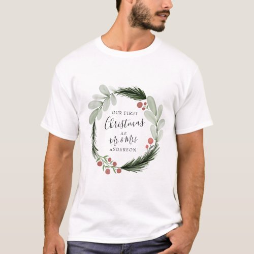 First Christmas as Mr and Mrs Wreath Holiday T_Shirt